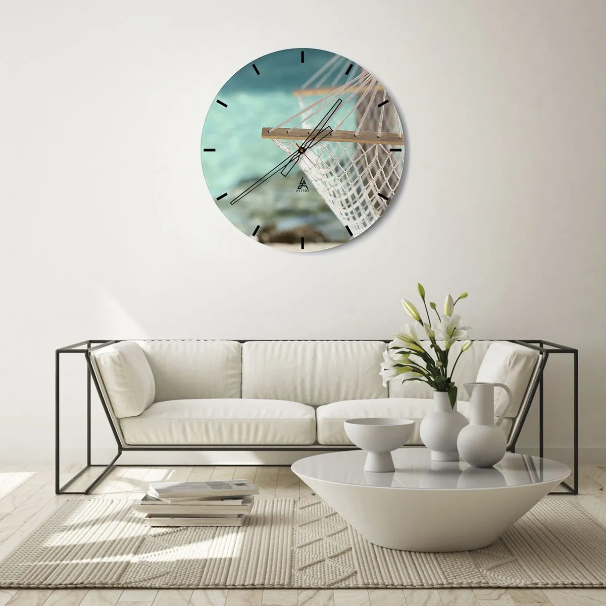 Reloj de pared - Reloj de vidrio - Hamaca sobre agua turquesa - 30x30cm - Momento de relax - Decoración de pared moderna para salón, cocina y dormitorio ARTTOR