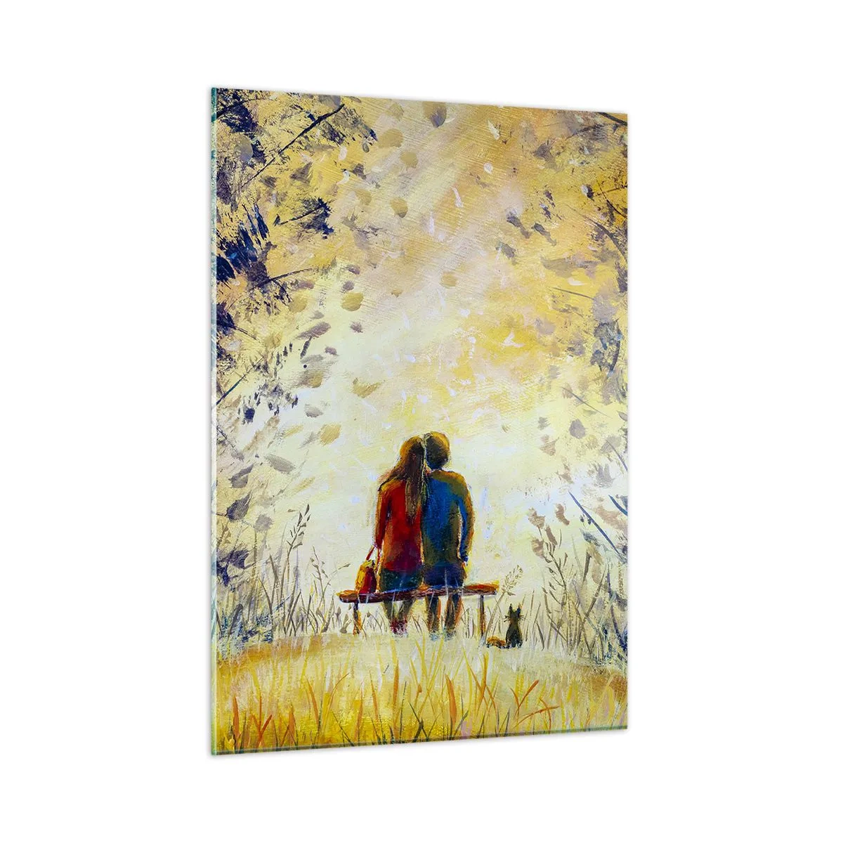 Cuadro sobre vidrio - Impresiones sobre Vidrio - Una pareja en un banco en un momento mágico. - 50x70cm - Un momento mágico - Decoración de pared moderna para salón y dormitorio ARTTOR