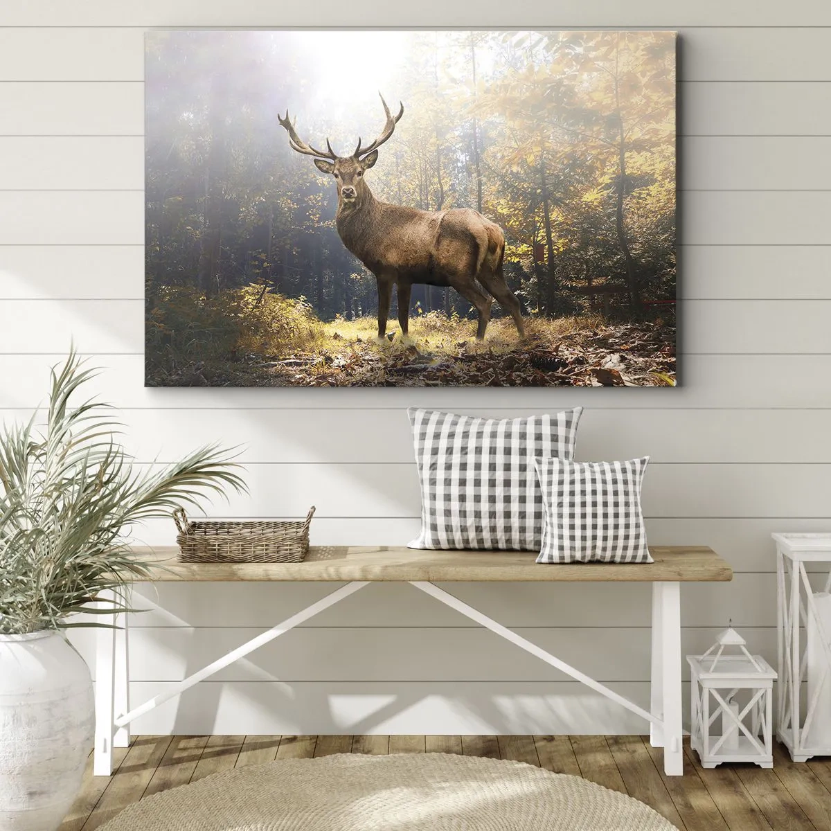 Cuadro sobre lienzo - Impresión de Imagen - Ciervos en el bosque otoñal con rayos de sol. - 70x50cm - Con toda la majestuosidad - Decoración de pared moderna para salón y dormitorio ARTTOR