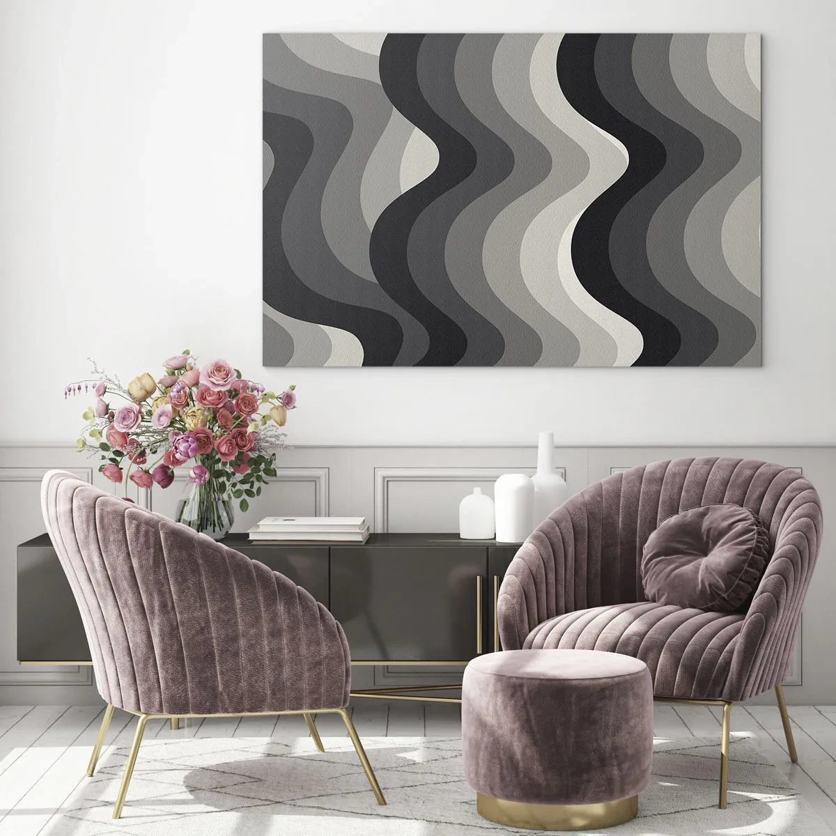 Cuadro sobre vidrio - Impresiones sobre Vidrio - Las ondas en tonos de gris crean un patrón geométrico rítmico. - 70x50cm - Ola tras ola - Decoración de pared moderna para salón y dormitorio ARTTOR