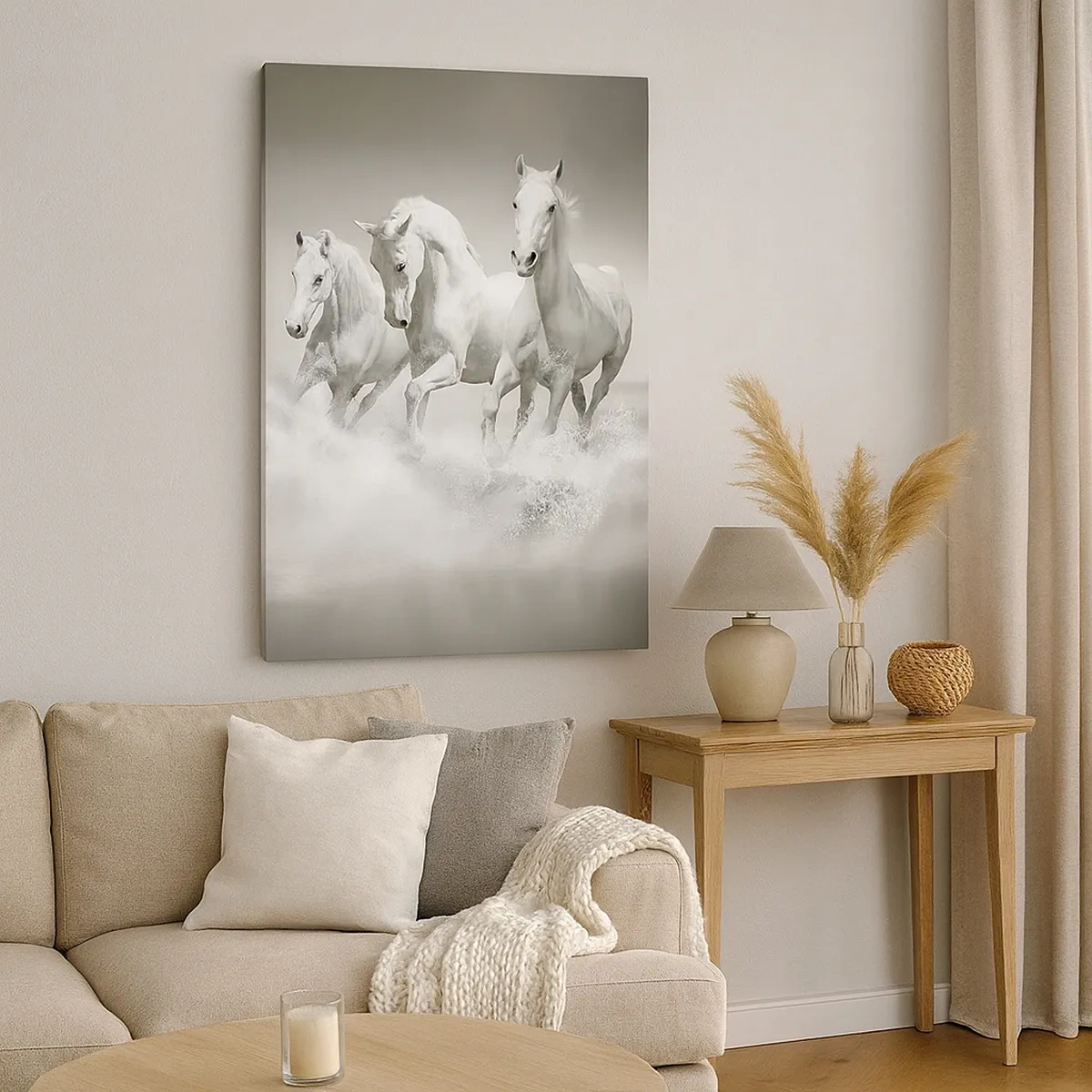 Cuadro sobre lienzo - Impresión de Imagen - Tres caballos blancos galopando por el agua - 50x70cm - Locura blanca - Decoración de pared moderna para salón y dormitorio ARTTOR