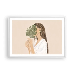 Póster en marco blanco - Retrato misterioso con un abanico - 70x50 cm