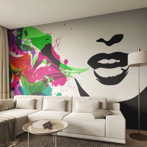 Fotomural Premium Sand - Cara abstracta con salpicaduras de pintura de colores - 100x70cm - Una historia con los colores del arco iris - Decoración de pared moderna para salón y dormitorio ARTTOR