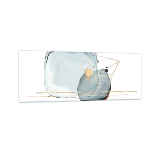 Cuadro sobre vidrio - Impresiones sobre Vidrio - Formas abstractas en tonos azules y dorados sobre un fondo blanco. - 140x50cm - Un estudio de gotas - Decoración de pared moderna para salón y dormitorio ARTTOR