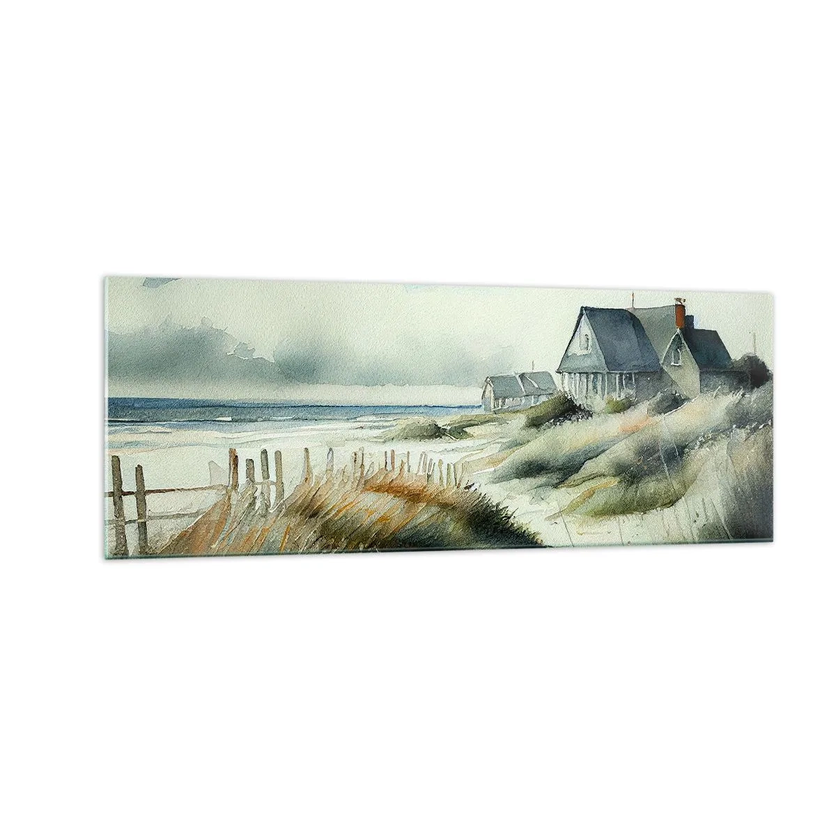 Cuadro sobre vidrio - Impresiones sobre Vidrio - Una casa junto al mar rodeada de césped y con vistas al mar. - 140x50cm - Lejos del bullicio - Decoración de pared moderna para salón y dormitorio ARTTOR