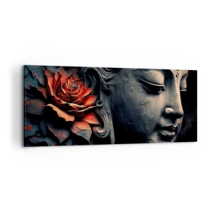 Cuadro sobre lienzo - Impresión de Imagen - Escultura de Buda con una flor de loto roja. - 120x50cm - En sintonía con el mundo - Decoración de pared moderna para salón y dormitorio ARTTOR