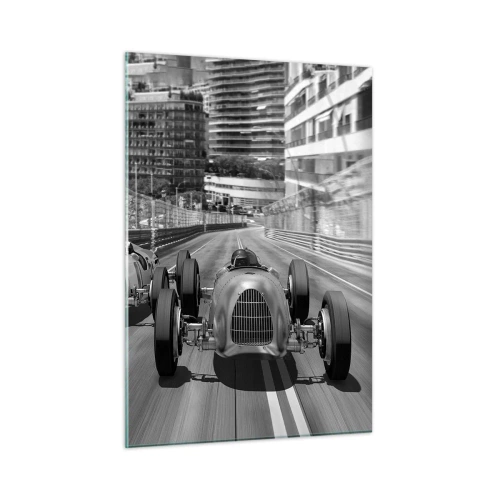 Cuadro sobre vidrio - Impresiones sobre Vidrio - Carrera de coches histórica en blanco y negro - 50x70cm - Érase una vez en Montecarlo - Decoración de pared moderna para salón y dormitorio ARTTOR