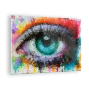 Cuadro sobre vidrio - Impresiones sobre Vidrio - Un ojo geométrico en colores vibrantes con efecto cristal. - 70x50cm - El brillo cristalino de los ojos - Decoración de pared moderna para salón y dormitorio ARTTOR