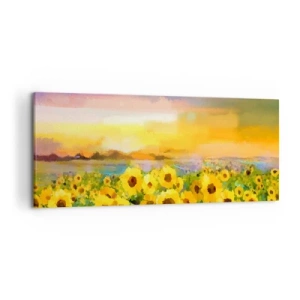 Cuadro sobre lienzo - Impresión de Imagen - Un campo de girasoles a la luz del sol poniente. - 120x50cm - El propio sol ha bajado a la Tierra - Decoración de pared moderna para salón y dormitorio ARTTOR