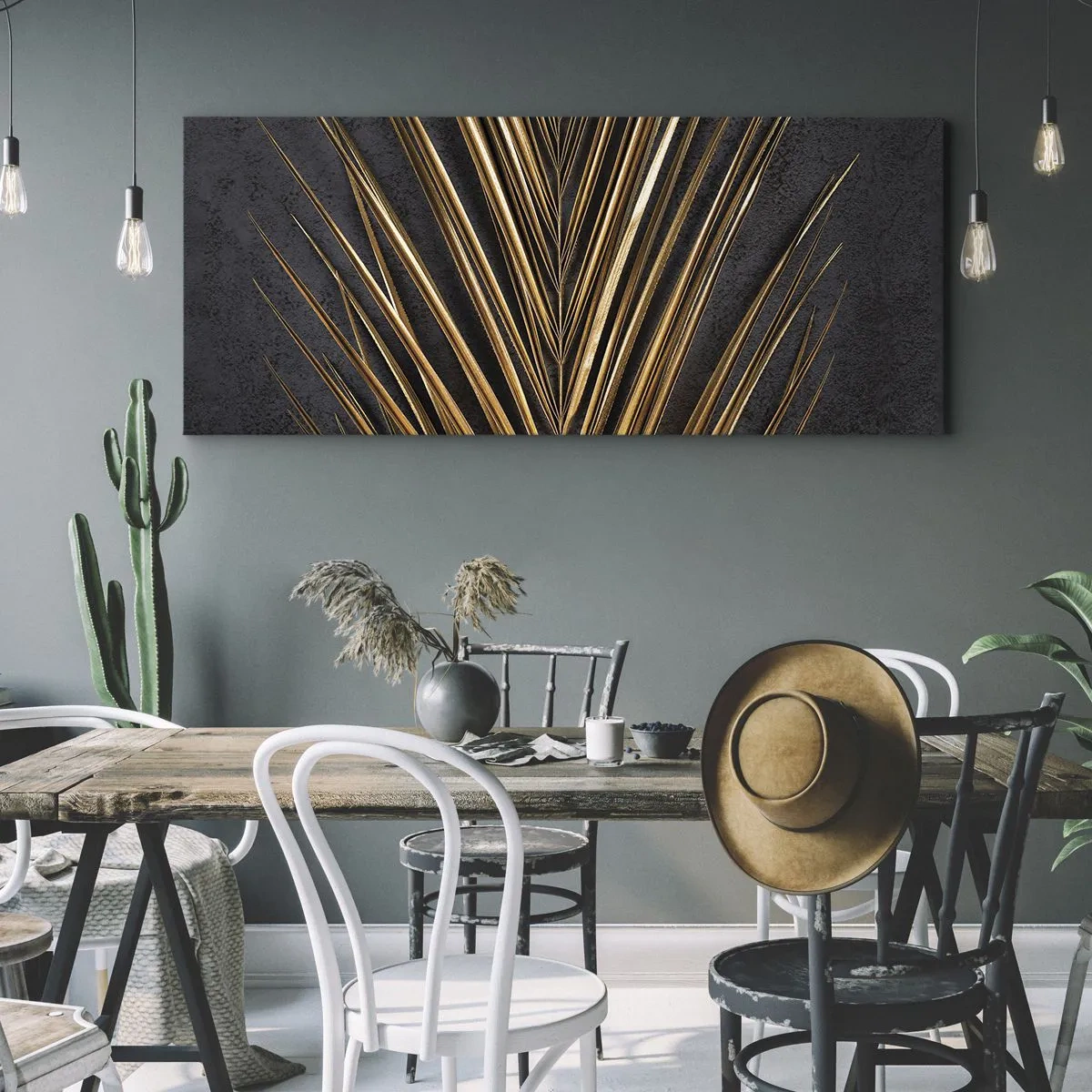 Cuadro sobre lienzo - Impresión de Imagen - Hoja tropical dorada sobre fondo negro - 140x50cm - El oro de los trópicos - Decoración de pared moderna para salón y dormitorio ARTTOR
