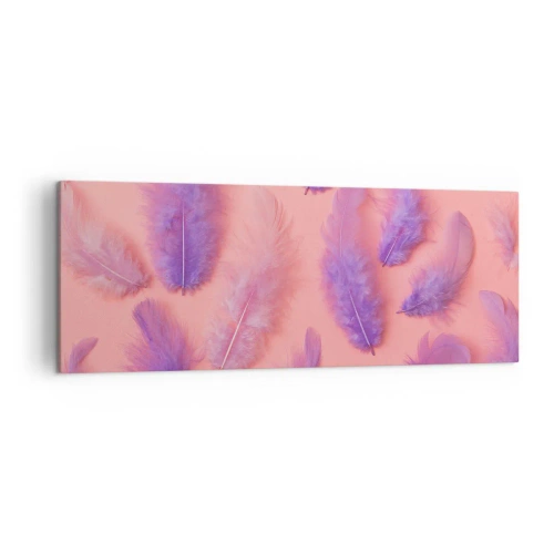 Cuadro sobre lienzo - Impresión de Imagen - Plumas moradas y rosas sobre un fondo pastel. - 140x50cm - Un pájaro lila del deseo - Decoración de pared moderna para salón y dormitorio ARTTOR