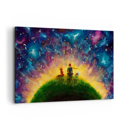 Cuadro sobre lienzo - Impresión de Imagen - Figuras en una colina verde rodeada de un cielo estrellado. - 100x70cm - Amor y amistad - lo único entero - Decoración de pared moderna para salón y dormitorio ARTTOR