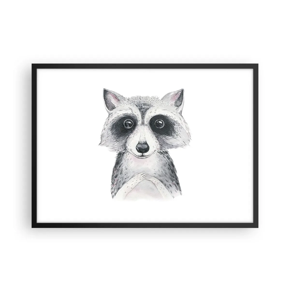 Póster en marco negro - Adorable retrato de un mapache sobre un fondo blanco. - 70x50cm - Un momento para la emoción - Decoración de pared moderna para salón y dormitorio ARTTOR