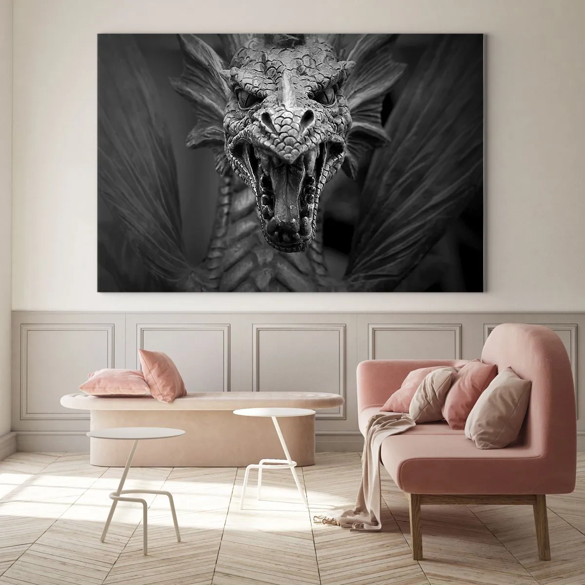 Cuadro sobre vidrio - Impresiones sobre Vidrio - Retrato detallado de un dragón en blanco y negro. - 100x70cm - Dragón de cuento de hadas en gris - Decoración de pared moderna para salón y dormitorio ARTTOR