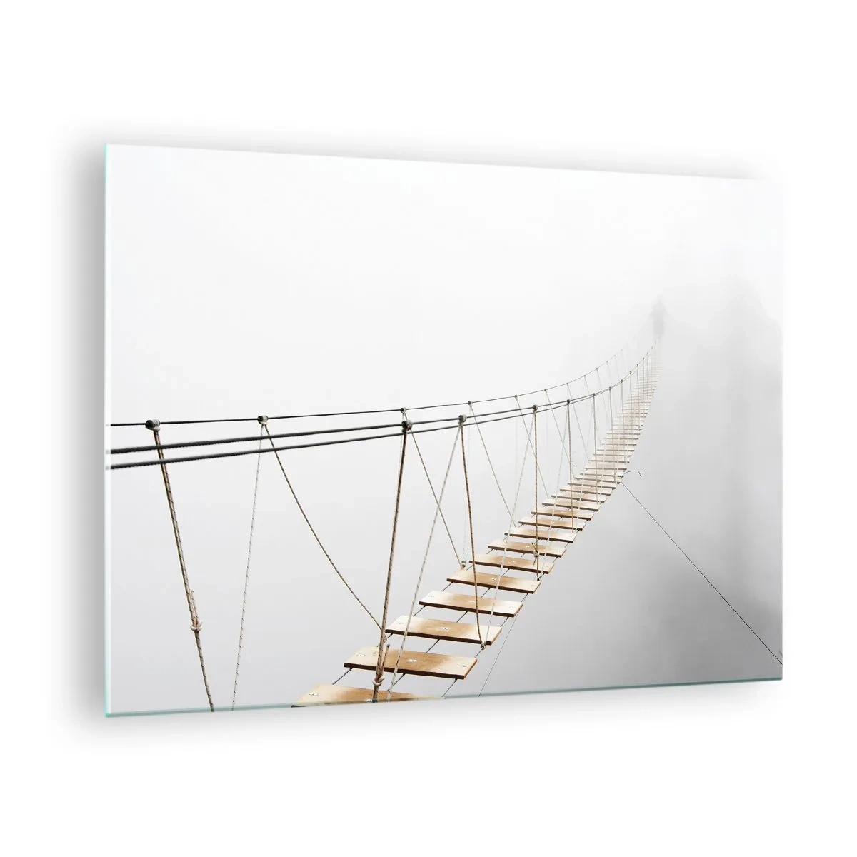 Cuadro sobre vidrio - Impresiones sobre Vidrio - Un puente colgante en la niebla que conduce a lo desconocido. - 70x50cm - ¿Adónde le llevará? - Decoración de pared moderna para salón y dormitorio ARTTOR