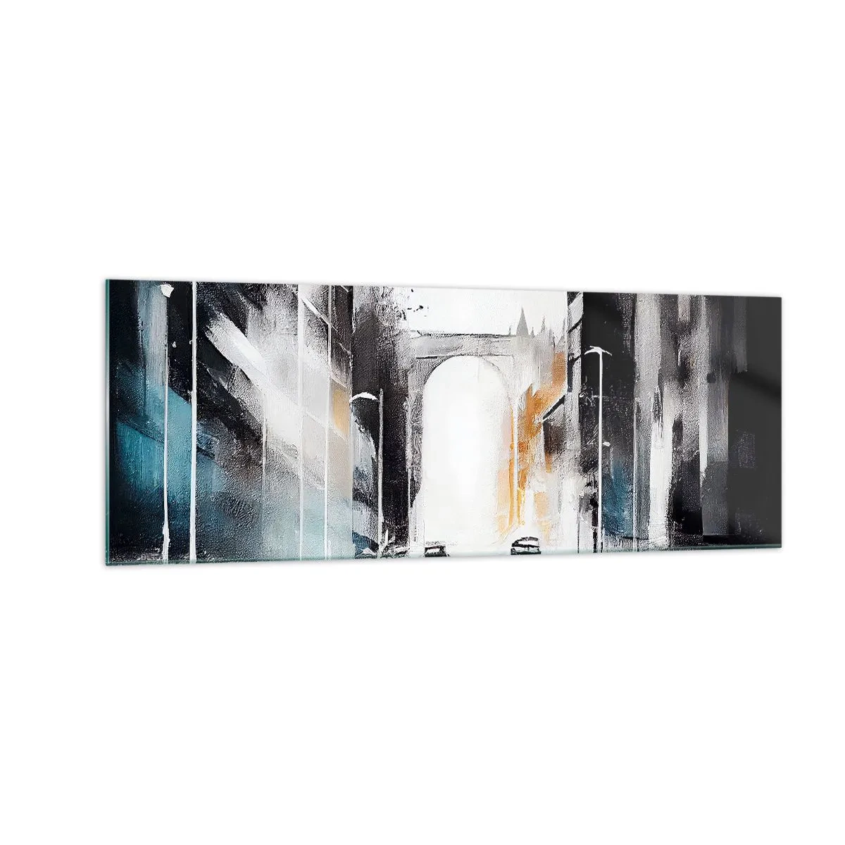 Cuadro sobre vidrio - Impresiones sobre Vidrio - Panorama abstracto de la ciudad con un puente arqueado - 140x50cm - Estudio de la ciudad: arquitectura y movimiento - Decoración de pared moderna para salón y dormitorio ARTTOR