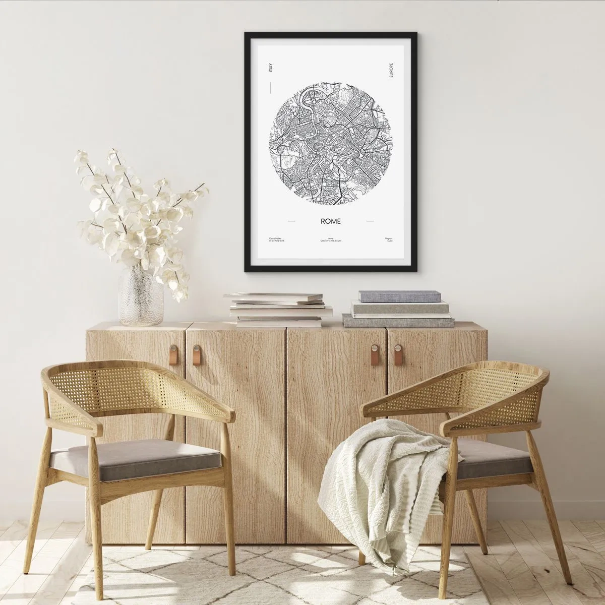 Póster en marco negro - Un mapa minimalista de Roma en blanco y negro. - 50x70cm - Anatomía de Roma - Decoración de pared moderna para salón y dormitorio ARTTOR