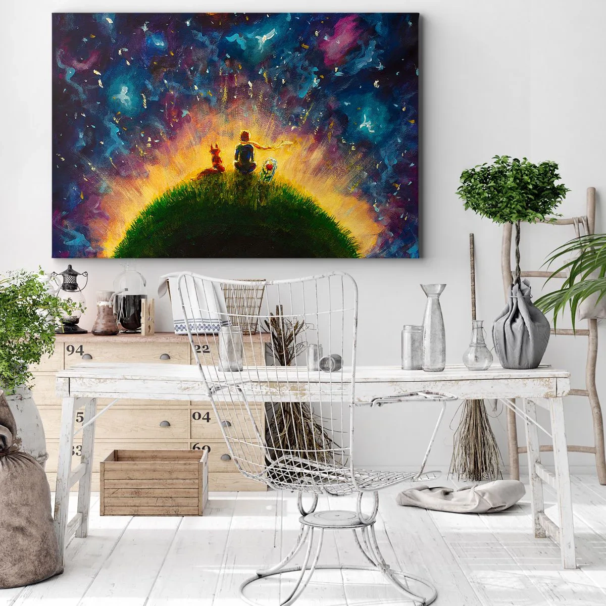 Cuadro sobre lienzo - Impresión de Imagen - Figuras en una colina verde rodeada de un cielo estrellado. - 120x80cm - Amor y amistad - lo único entero - Decoración de pared moderna para salón y dormitorio ARTTOR