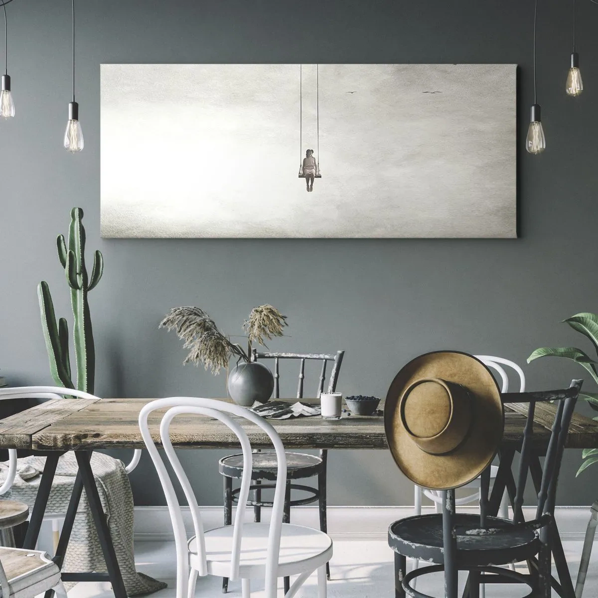 Cuadro sobre lienzo - Impresión de Imagen - Una figura en un columpio suspendida en el espacio. - 160x50cm - El niño que llevamos dentro - Decoración de pared moderna para salón y dormitorio ARTTOR