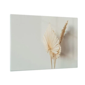 Cuadro sobre vidrio - Impresiones sobre Vidrio - Hojas de palma secas en tonos beige sobre un fondo claro. - 70x50cm - Armonía y consuelo - Decoración de pared moderna para salón y dormitorio ARTTOR