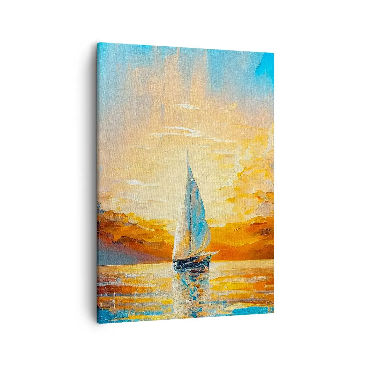 Cuadro sobre lienzo - Impresión de Imagen - Un velero con el sol poniente y nubes de colores como telón de fondo. - 50x70cm - Navegando en oro - Decoración de pared moderna para salón y dormitorio ARTTOR