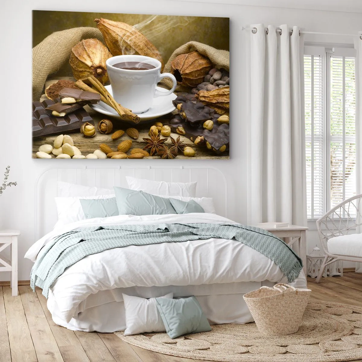 Cuadro sobre lienzo - Impresión de Imagen - Una taza de chocolate caliente rodeada de cacao y canela. - 120x80cm - Para los que buscan emociones - Decoración de pared moderna para salón y dormitorio ARTTOR