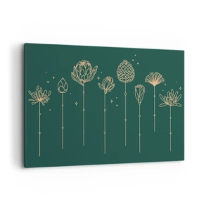 Cuadro sobre lienzo - Impresión de Imagen - Dibujos dorados de hierbas sobre un fondo verde oscuro. - 100x70cm - La familia vegetal - Decoración de pared moderna para salón y dormitorio ARTTOR