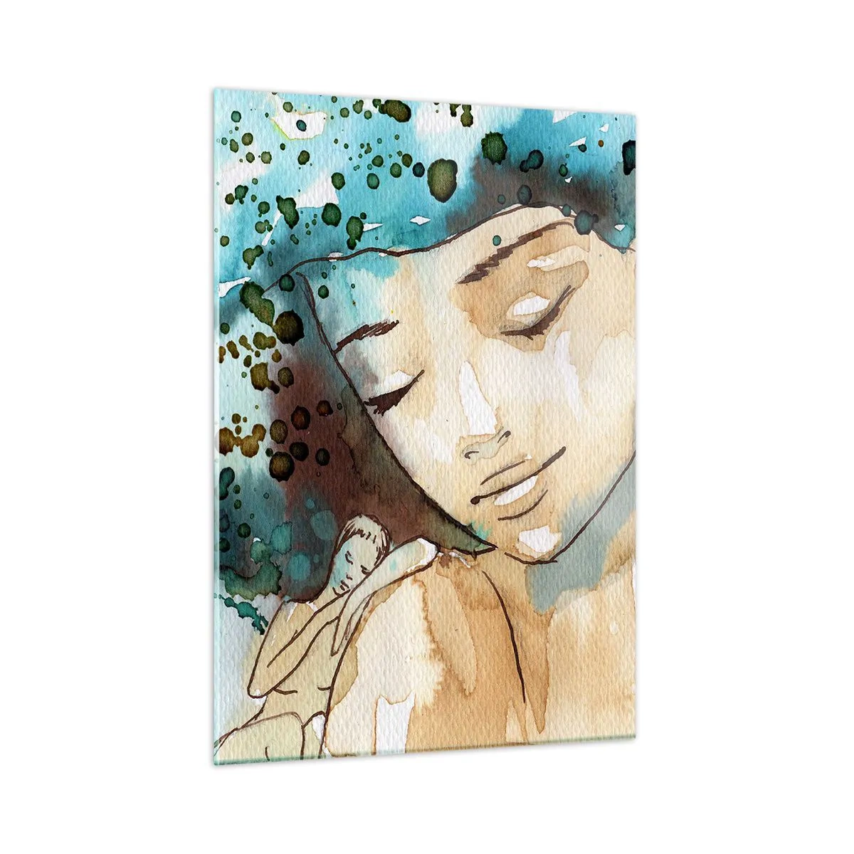 Cuadro sobre vidrio - Impresiones sobre Vidrio - Retrato en acuarela de una mujer con los ojos cerrados. - 50x70cm - Dama de azul - Decoración de pared moderna para salón y dormitorio ARTTOR