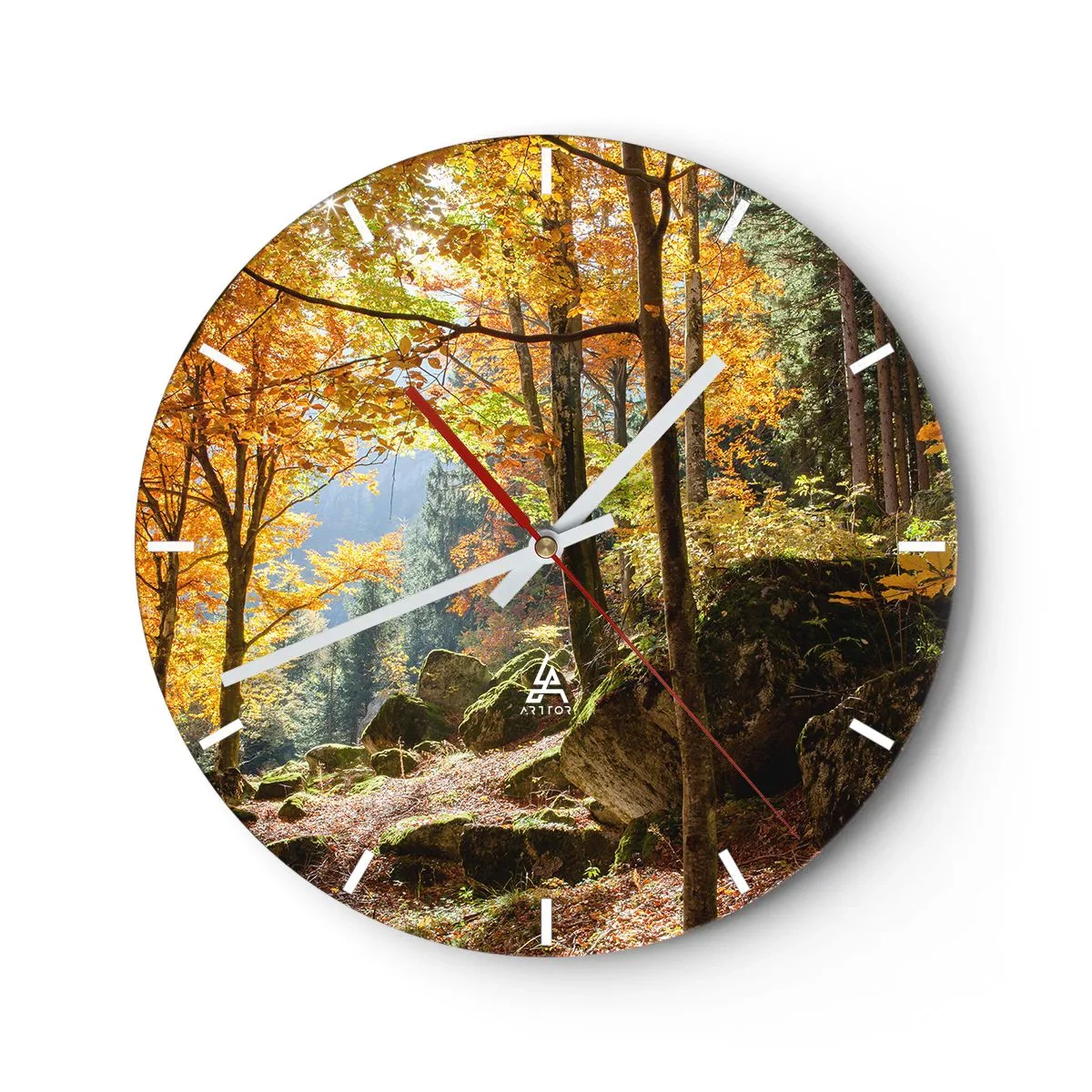 Reloj de pared - Reloj de vidrio - Bosque otoñal con rayos de sol - 30x30cm - Tiempo de descanso - Decoración de pared moderna para salón, cocina y dormitorio ARTTOR