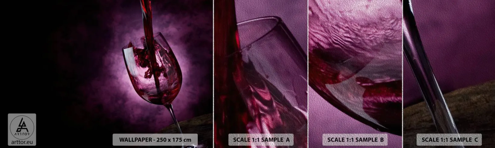 Muestra de fotomural Premium Sand - ¿Escarlata? ¿Carmín? No, rubí. - Vaso, Vino tinto, Pedazo - 100x30 cm