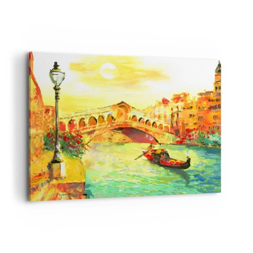 Cuadro sobre lienzo - Impresión de Imagen - Un pintoresco puente sobre el canal con una góndola a la luz del sol poniente. - 100x70cm - Peregrinación de los amantes - Decoración de pared moderna para salón y dormitorio ARTTOR