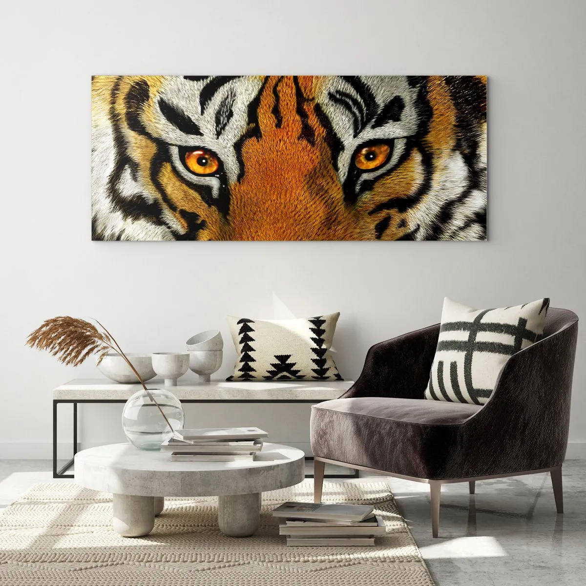 Cuadro sobre vidrio - Impresiones sobre Vidrio - Retrato en primer plano de un tigre con una mirada intensa. - 160x50cm - Amenazante y hermoso - Decoración de pared moderna para salón y dormitorio ARTTOR