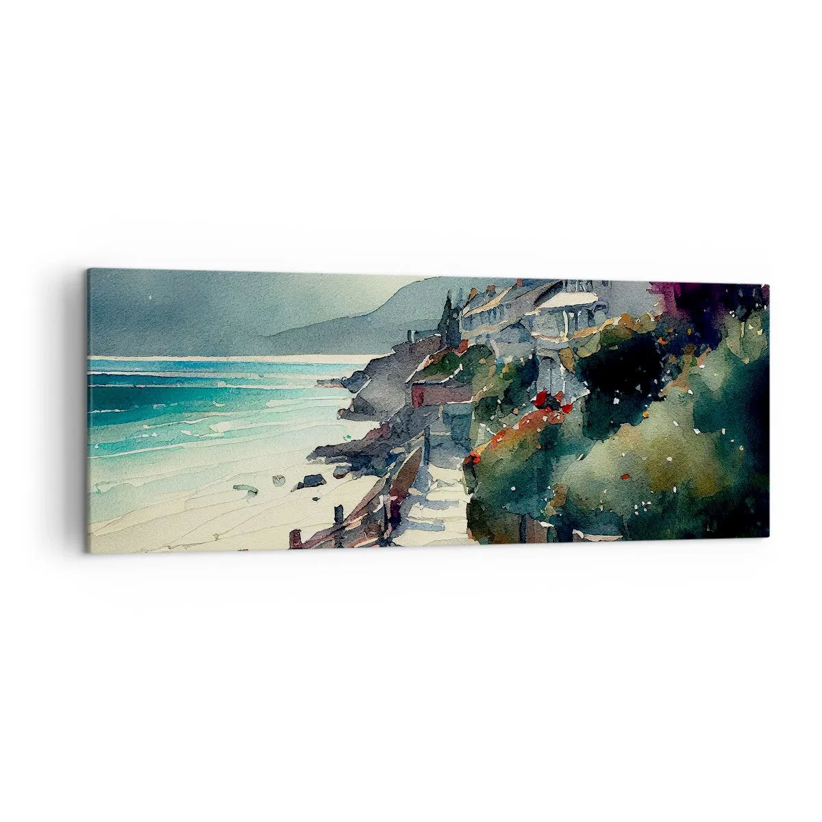 Cuadro sobre lienzo - Impresión de Imagen - Paseo marítimo con casas y vegetación - 140x50cm - Ciudad mediterránea - Decoración de pared moderna para salón y dormitorio ARTTOR
