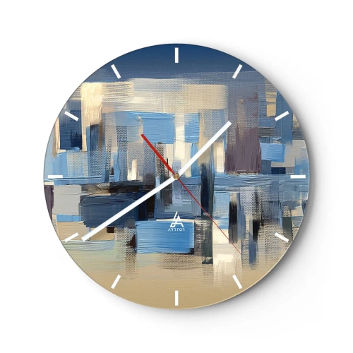 Reloj de pared - Reloj de vidrio - Composición geométrica abstracta en tonos azules. - 30x30cm - Construcción azul - Decoración de pared moderna para salón, cocina y dormitorio ARTTOR