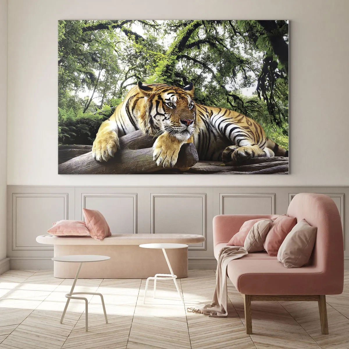 Cuadro sobre vidrio - Impresiones sobre Vidrio - Un tigre descansando en un bosque tropical verde. - 70x50cm - Atentamente - Decoración de pared moderna para salón y dormitorio ARTTOR