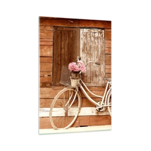 Cuadro sobre vidrio - Impresiones sobre Vidrio - Una bicicleta con una cesta llena de rosas contra una pared de madera. - 70x100cm - Ahora mismo vuelvo - Decoración de pared moderna para salón y dormitorio ARTTOR