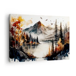 Cuadro sobre lienzo - Impresión de Imagen - Paisaje otoñal de montaña con lago y árboles en acuarela - 70x50cm - Otoño dorado en las montañas - Decoración de pared moderna para salón y dormitorio ARTTOR