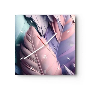 Reloj de pared - Reloj de vidrio - Plumas de colores en tonos pastel sobre un fondo claro. - 30x30cm - Pájaro chic - Decoración de pared moderna para salón y dormitorio ARTTOR