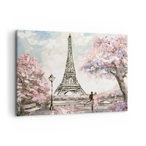 Cuadro sobre lienzo - Impresión de Imagen - La Torre Eiffel rodeada de árboles en flor. - 100x70cm - Un paseo por París en abril - Decoración de pared moderna para salón y dormitorio ARTTOR