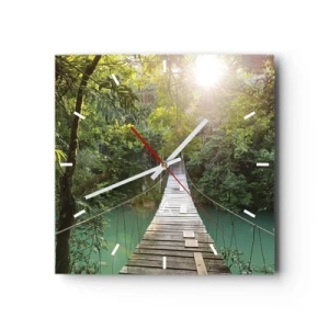 Reloj de pared - Reloj de vidrio - Un puente colgante en un bosque tropical iluminado por la luz del sol. - 30x30cm - Sobre el agua azul hacia el bosque - Decoración de pared moderna para salón y dormitorio ARTTOR