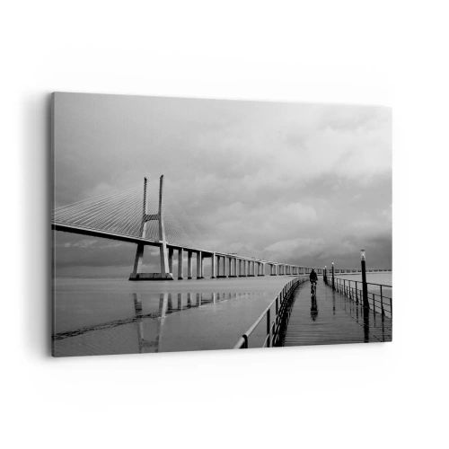 Cuadro sobre lienzo - Impresión de Imagen - Un puente colgante sobre el agua en blanco y negro. - 120x80cm - A cada uno lo suyo - Decoración de pared moderna para salón y dormitorio ARTTOR