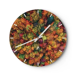Reloj de pared - Reloj de vidrio - Un bosque otoñal visto a vista de pájaro en colores intensos. - 30x30cm - Un ramo de árboles otoñales - Decoración de pared moderna para salón, cocina y dormitorio ARTTOR