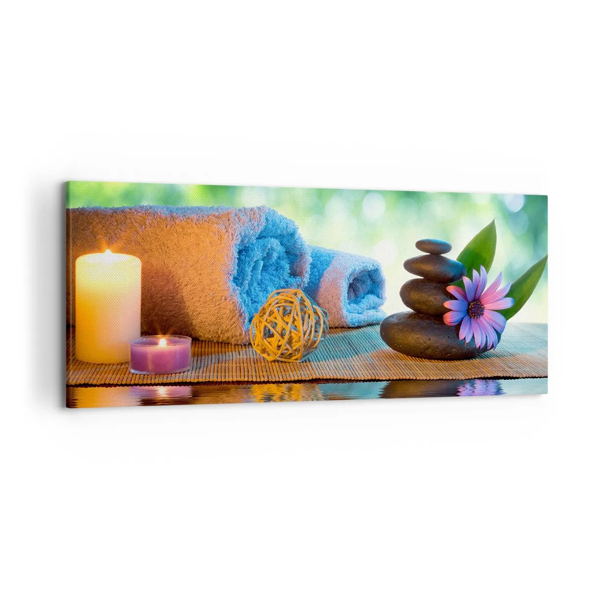 Cuadro sobre lienzo - Impresión de Imagen - Set de SPA relajante con toallas, velas y piedras - 120x50cm - Tiempo para el cuerpo - Decoración de pared moderna para salón y dormitorio ARTTOR