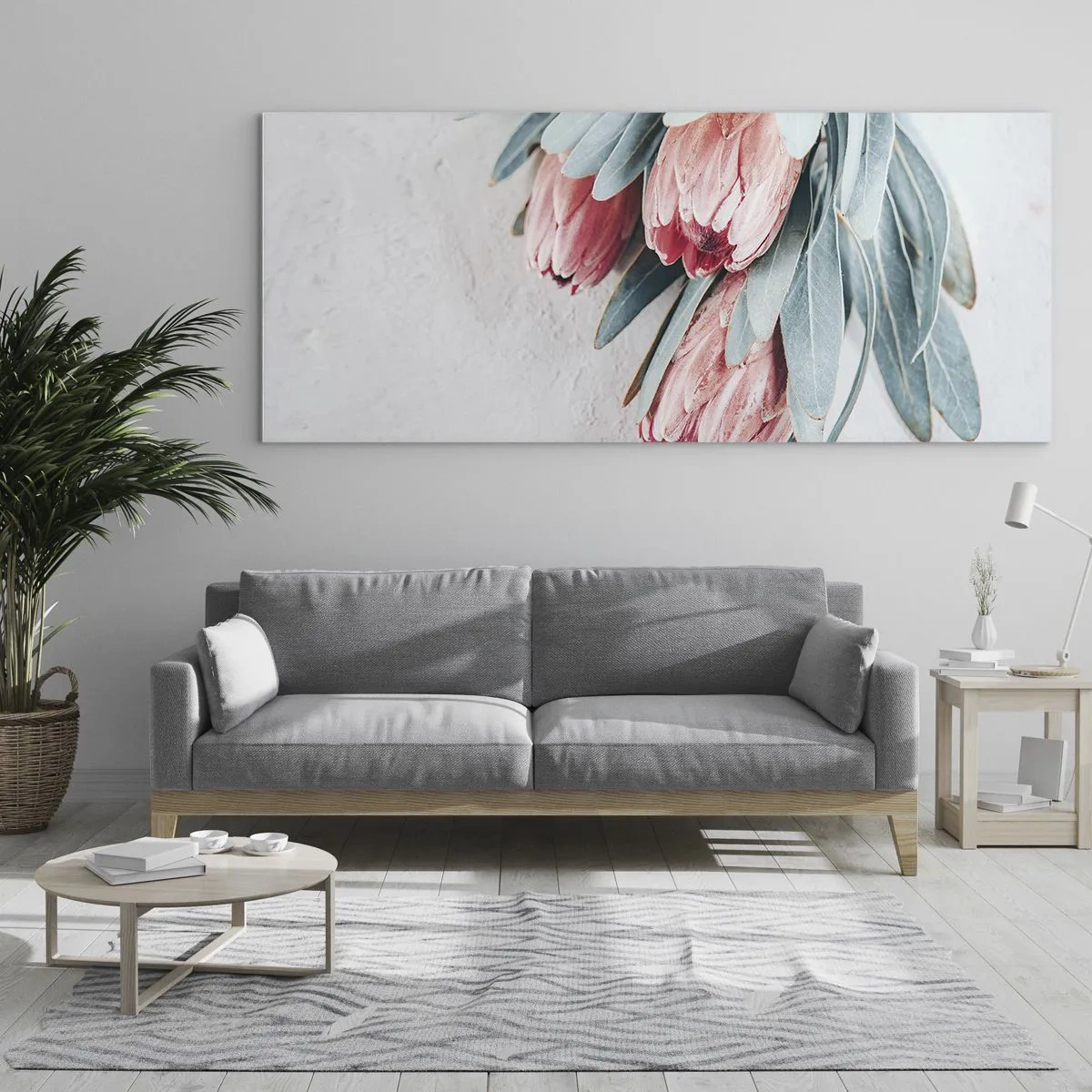 Cuadro sobre vidrio - Impresiones sobre Vidrio - Sutiles flores de protea rosa sobre un fondo claro. - 160x50cm - Avergonzada de su propia belleza - Decoración de pared moderna para salón y dormitorio ARTTOR