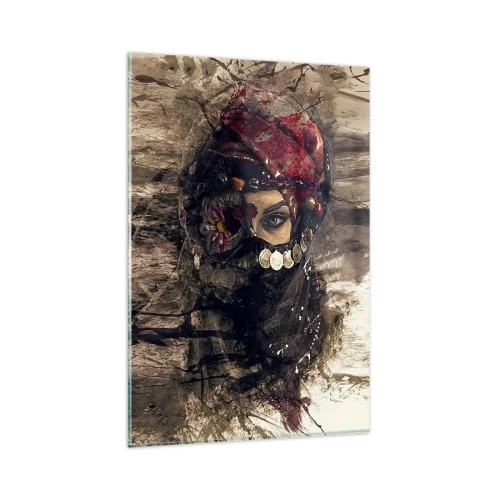 Cuadro sobre vidrio - Impresiones sobre Vidrio - Retrato artístico de una mujer con atuendo oriental sobre un fondo abstracto. - 80x120cm - Inquietante, como mínimo - Decoración de pared moderna para salón y dormitorio ARTTOR