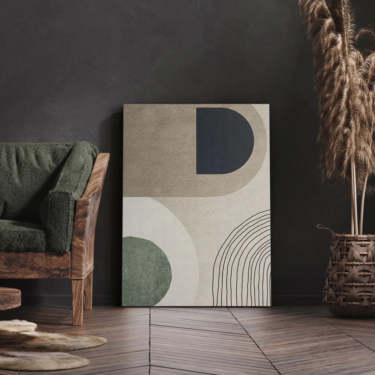 Cuadro sobre lienzo - Impresión de Imagen - Formas geométricas en tonos beige y verde. - 50x70cm - La delicadeza de un óvalo - Decoración de pared moderna para salón y dormitorio ARTTOR