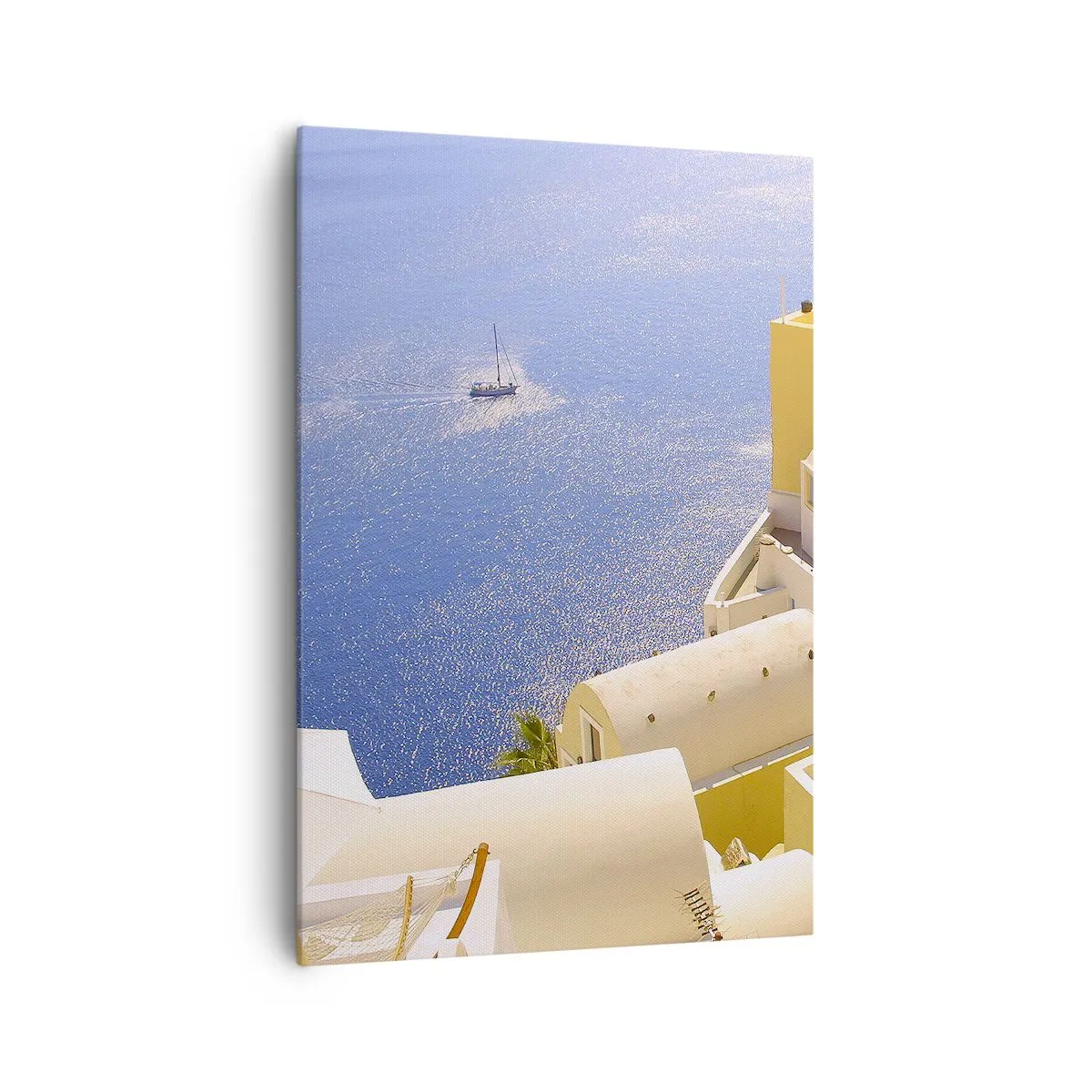 Cuadro sobre lienzo - Impresión de Imagen - Arquitectura griega con vistas al mar y un barco al fondo. - 70x100cm - Paisaje griego en blanco y azul - Decoración de pared moderna para salón y dormitorio ARTTOR
