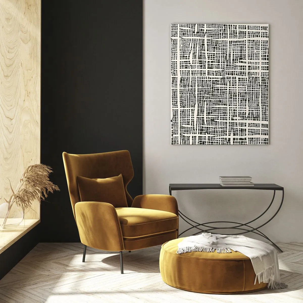 Cuadro sobre vidrio - Impresiones sobre Vidrio - Una abstracción en blanco y negro que se asemeja a una cuadrícula de puntos. - 50x70cm - Composición del tejido - Decoración de pared moderna para salón y dormitorio ARTTOR