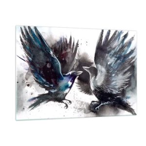 Cuadro sobre vidrio - Impresiones sobre Vidrio - Dos cuervos en una pose dinámica con las alas extendidas. - 120x80cm - De cuervo a cuervo... - Decoración de pared moderna para salón y dormitorio ARTTOR