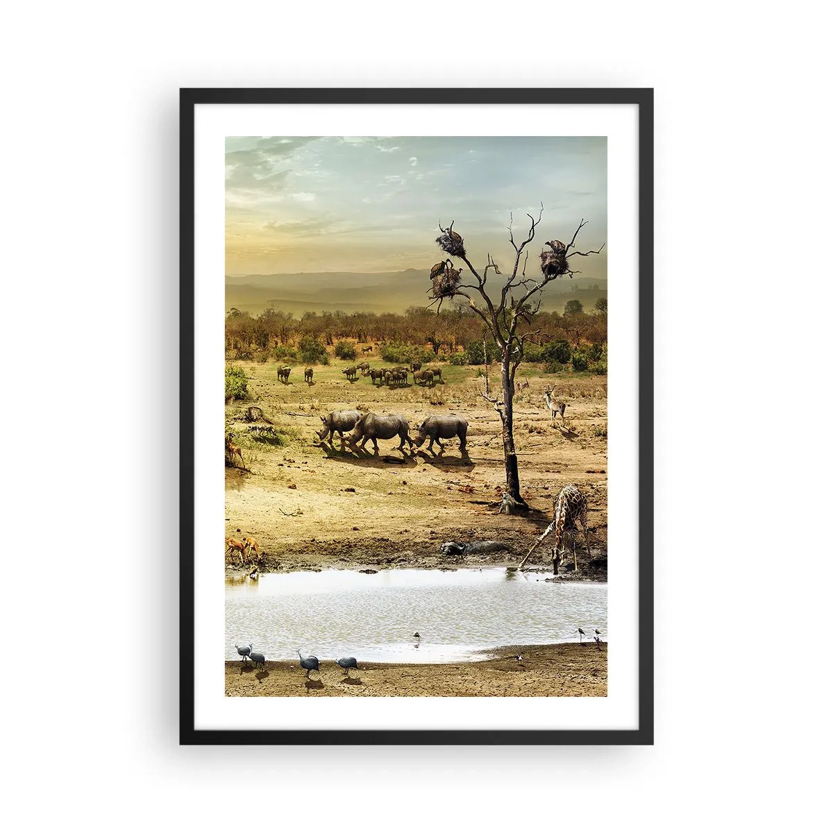 Póster en marco negro - Sabana con rinocerontes y un abrevadero - 50x70cm - Y del Edén fluyó un río... - Decoración de pared moderna para salón y dormitorio ARTTOR